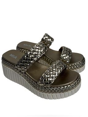MIA Metallic Gold Braided Double-Strap Platform Slides $55 NWOT